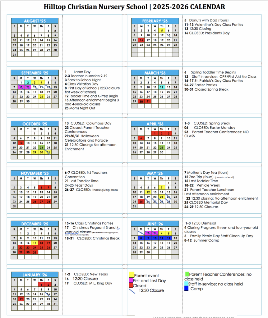 School Calendar Hilltop Church