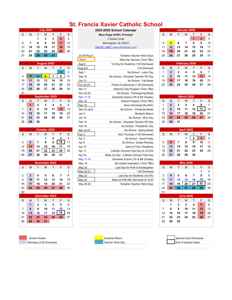 School Calendar St Francis Xavier Catholic School