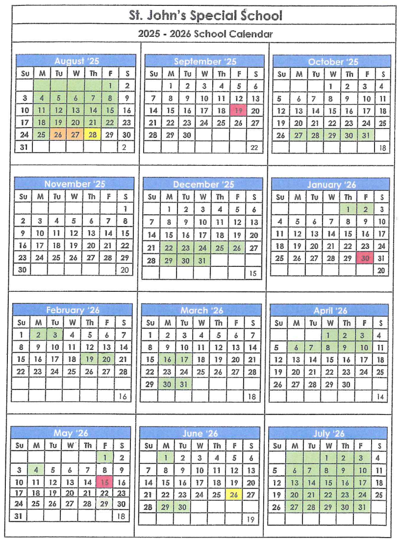 School Calendar St John s Special School