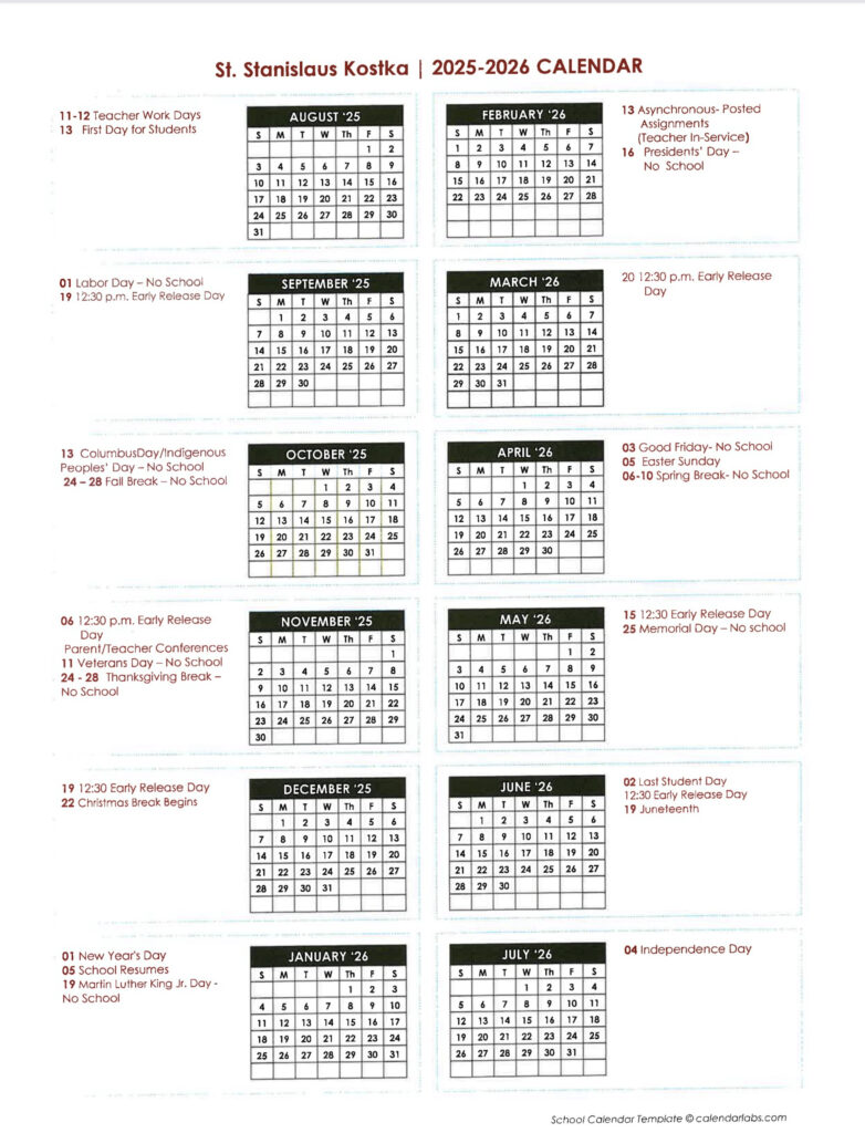 School Calendar St Stanislaus Kostka School