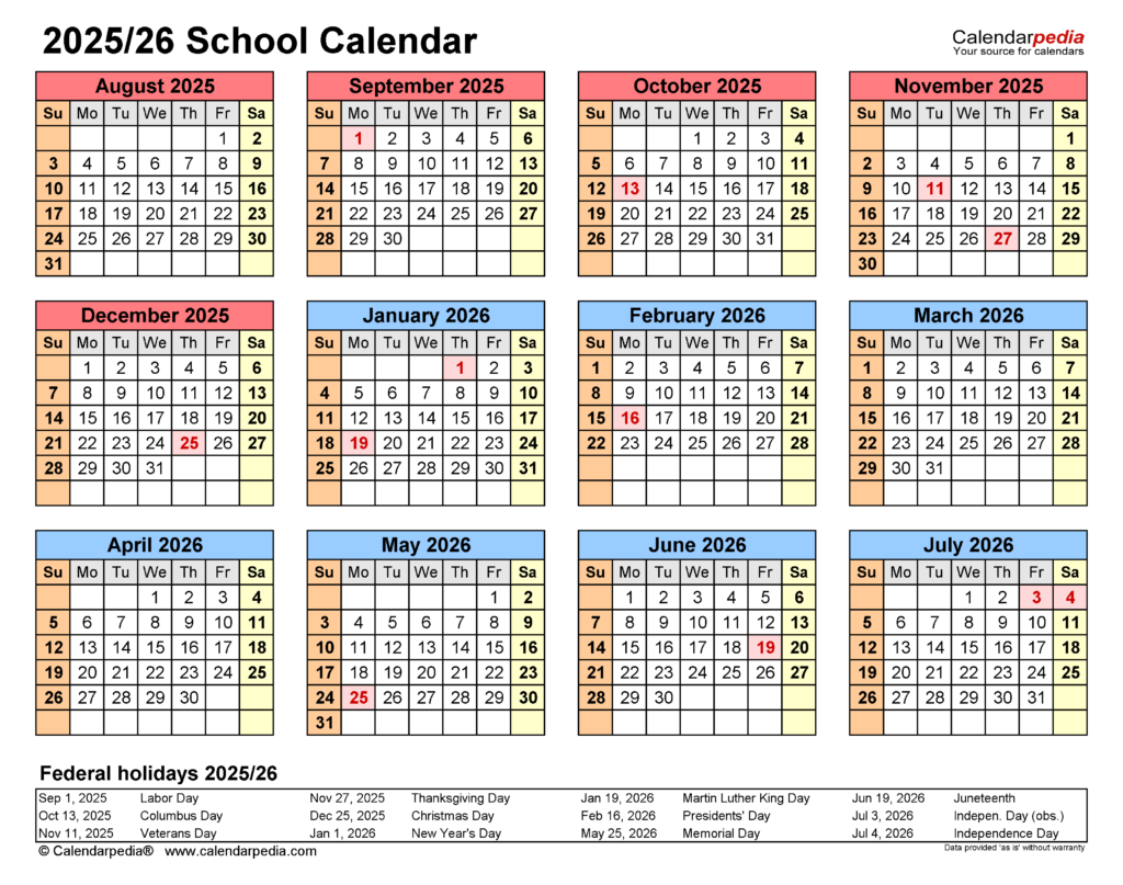 School Calendars 2025 2026 Free Printable PDF Templates