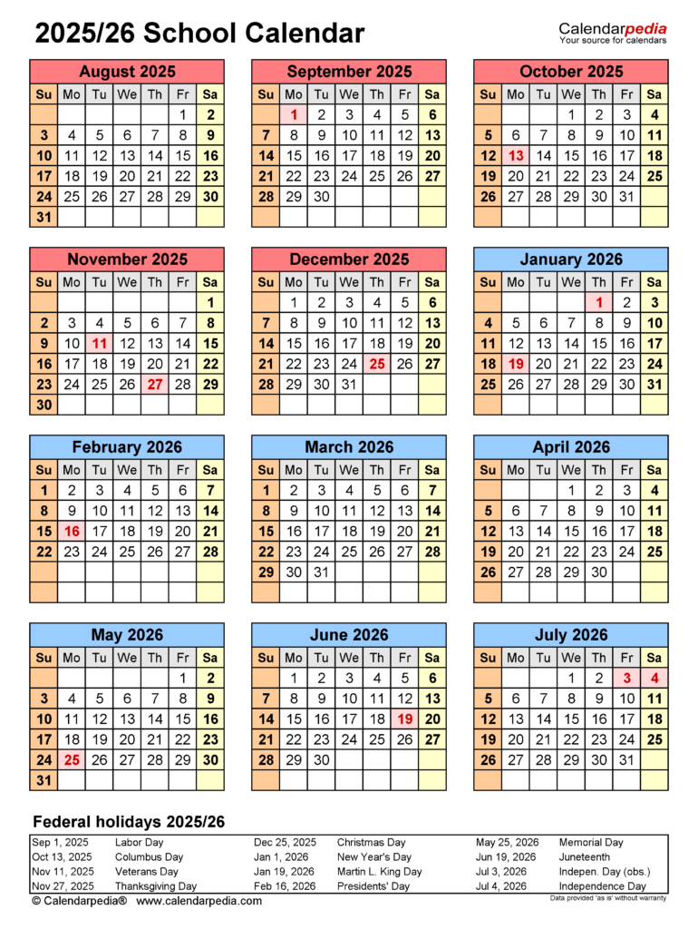 School Calendars 2025 2026 Free Printable PDF Templates