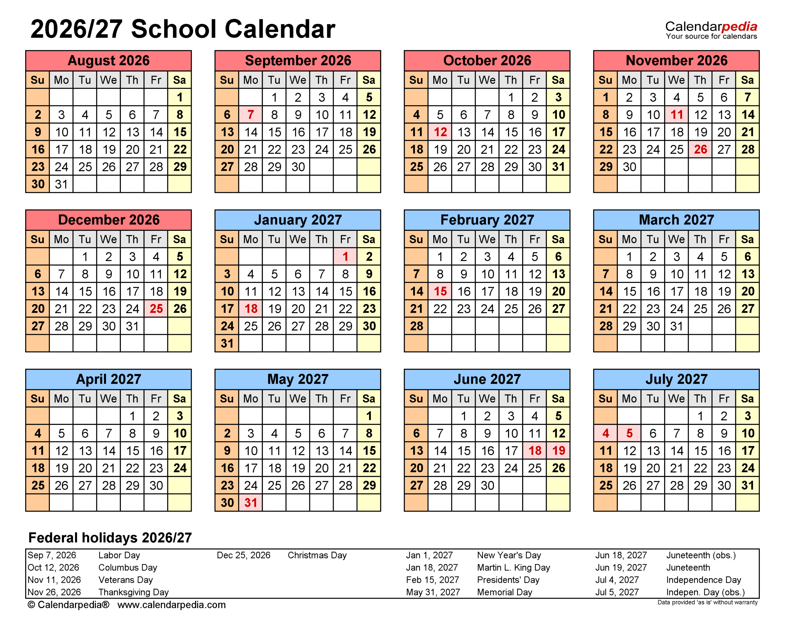 School Calendars 2026 2027 Free Printable Excel Templates