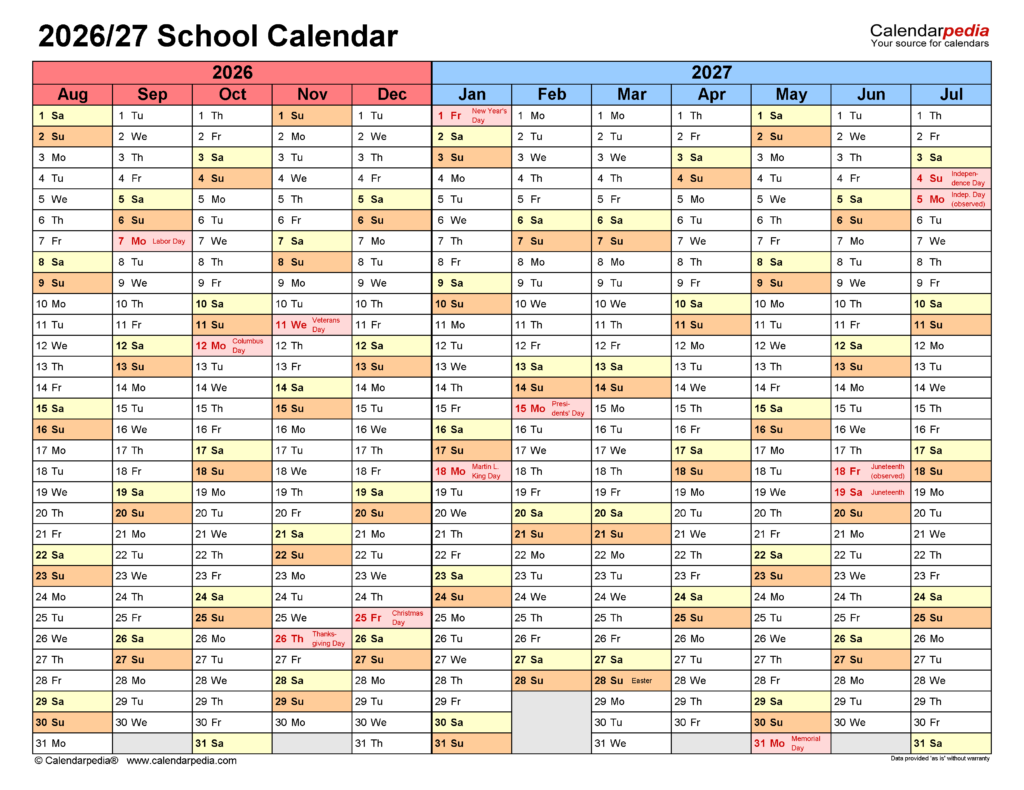 School Calendars 2026 2027 Free Printable PDF Templates