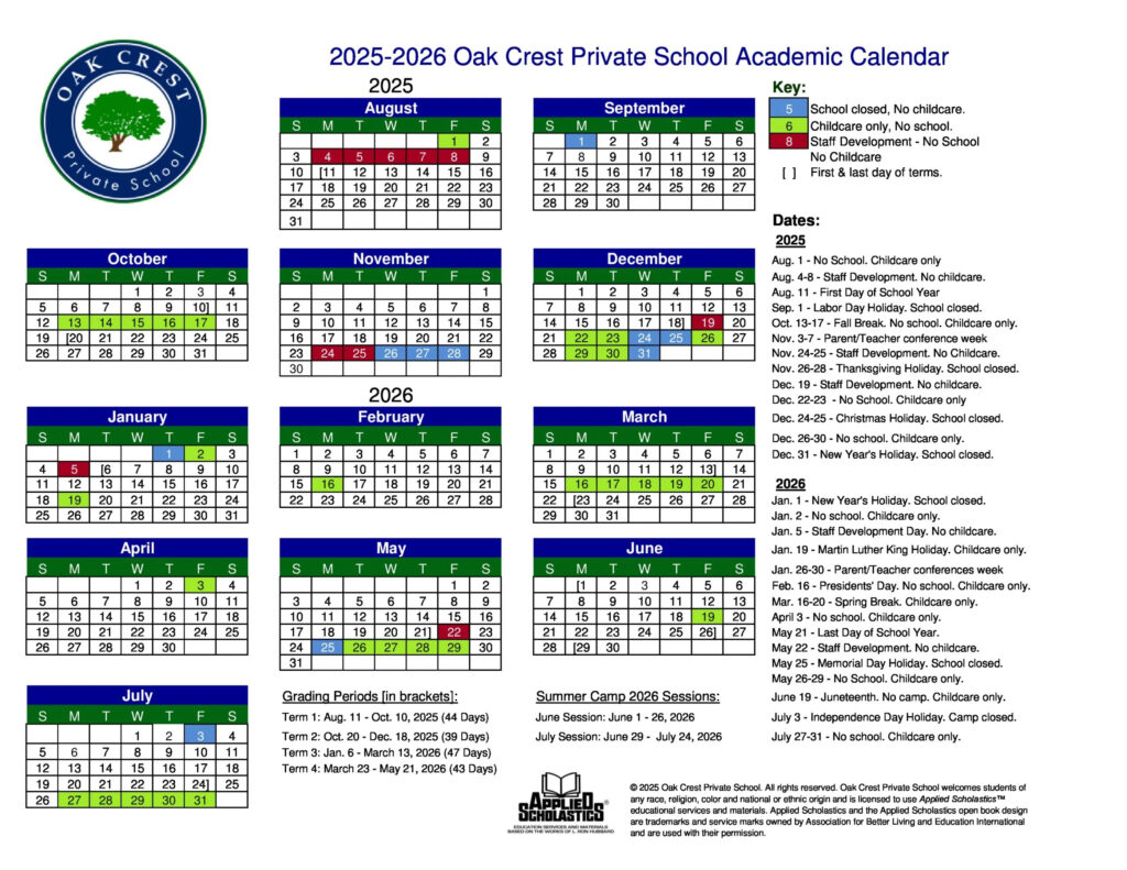 School Calendars Oak Crest Private School