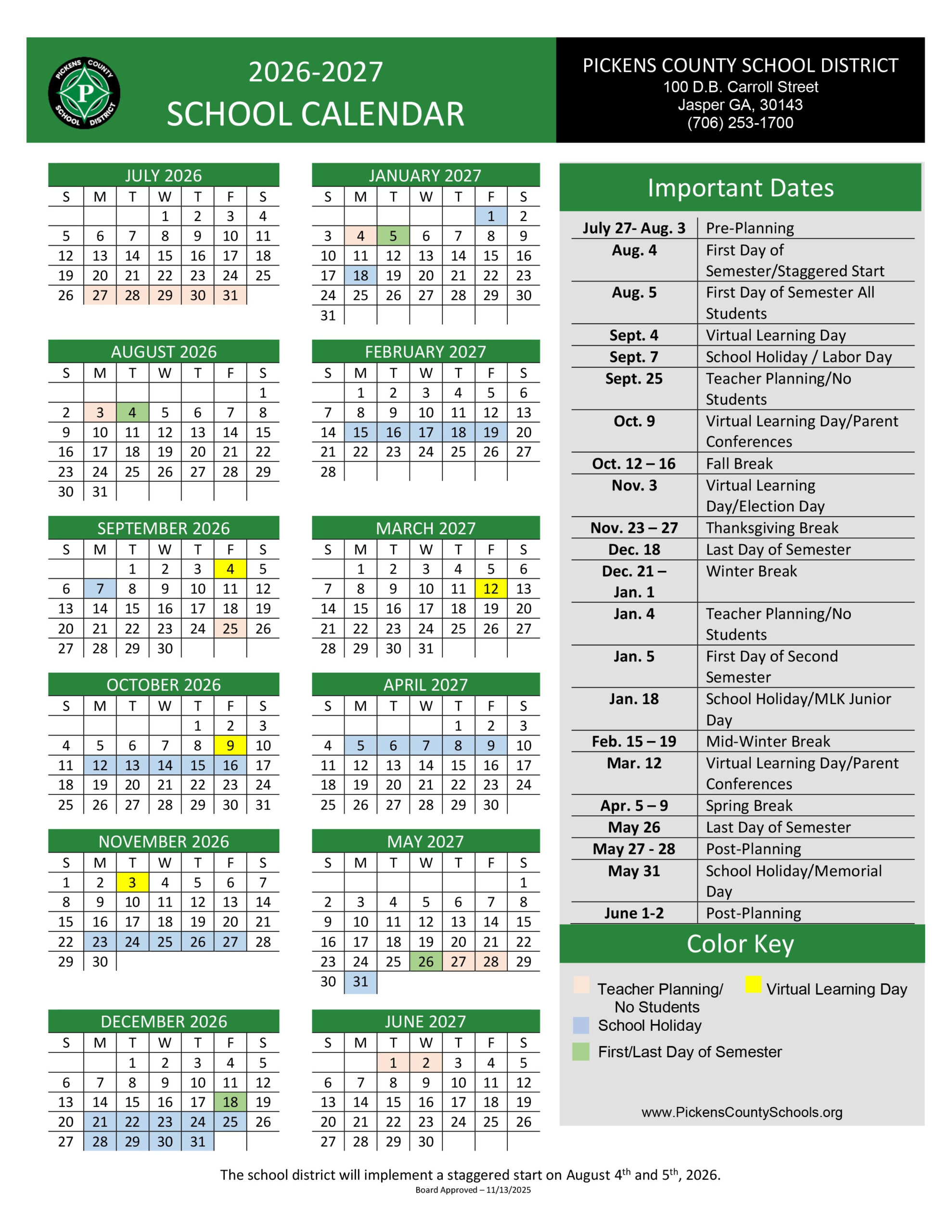School Calendars Pickens County Schools