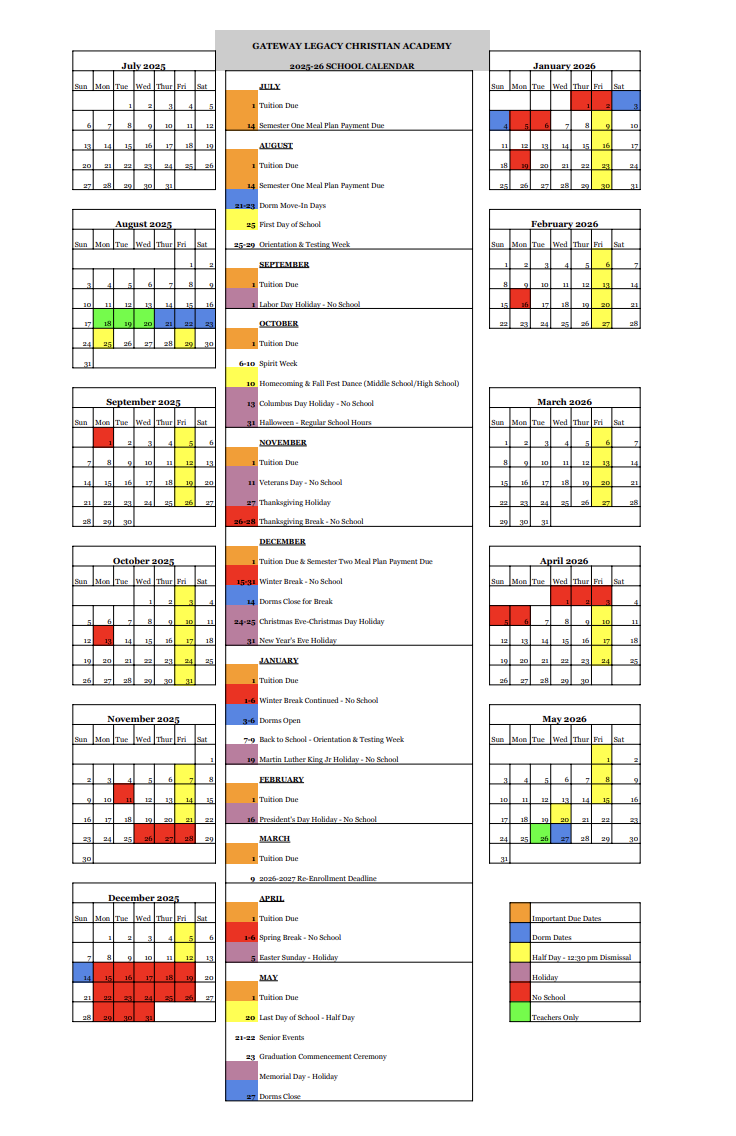 School Calender GATEWAY LEGACY PREP