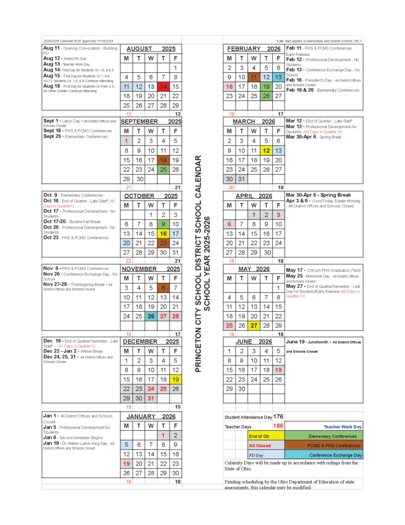 School Year Calendar Princeton City Schools