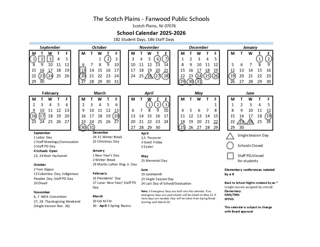 Scotch Plains Fanwood Public Schools Calendar 25 26 Revised PDF EduCounty