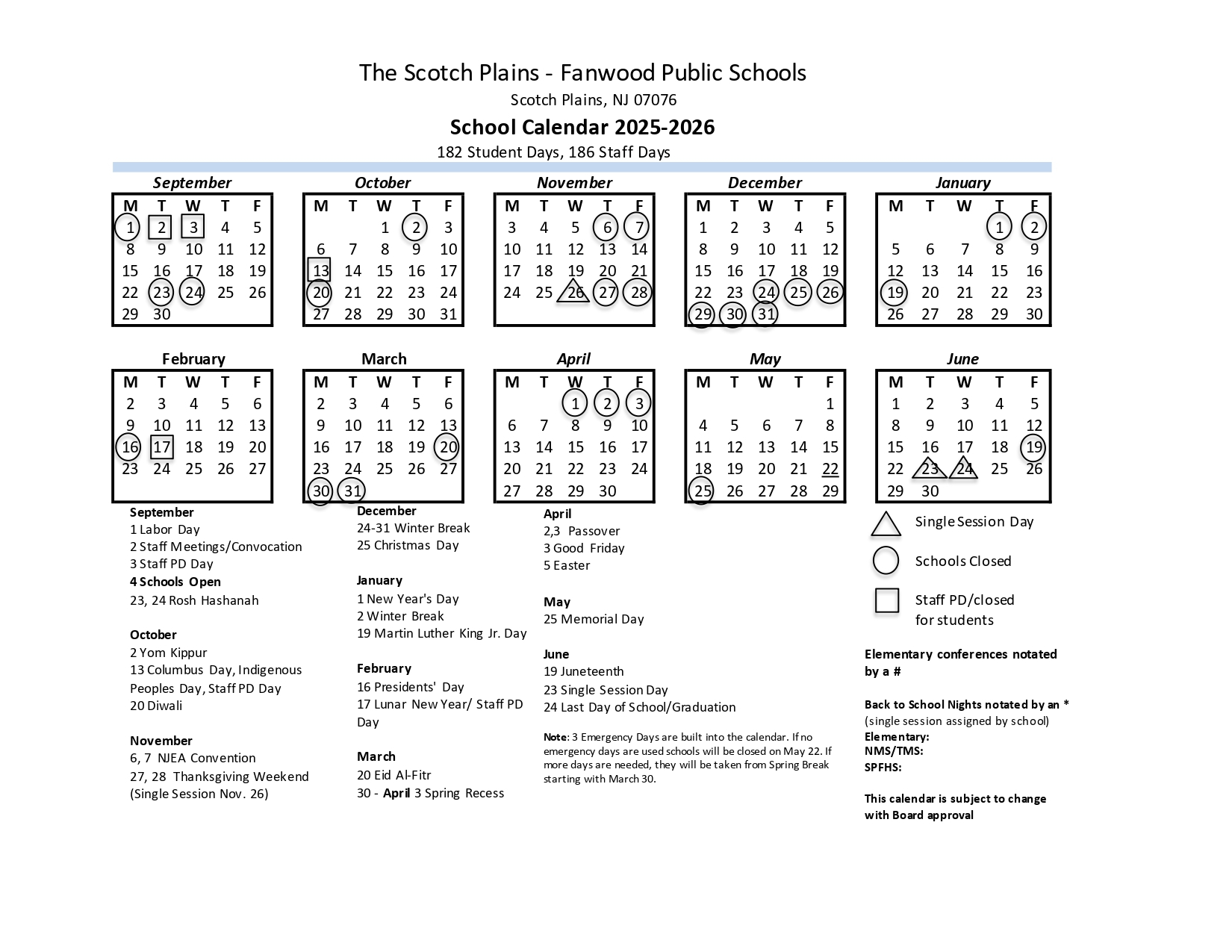 Scotch Plains Fanwood Public Schools Calendar 25 26 Revised PDF EduCounty