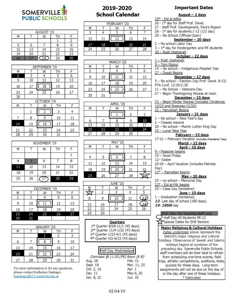 Somerville 2019 20 School Calendar First Day Of School Days Off Somerville MA Patch