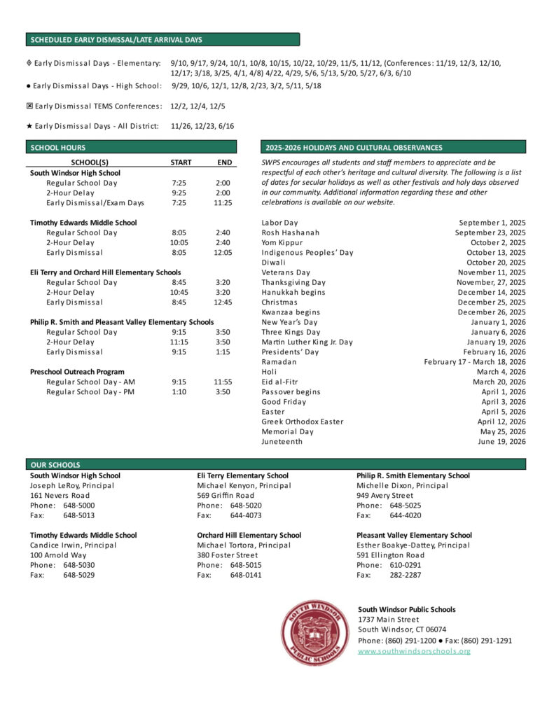 South Windsor Public Schools CT Calendar 25 26 Revised PDF EduCounty