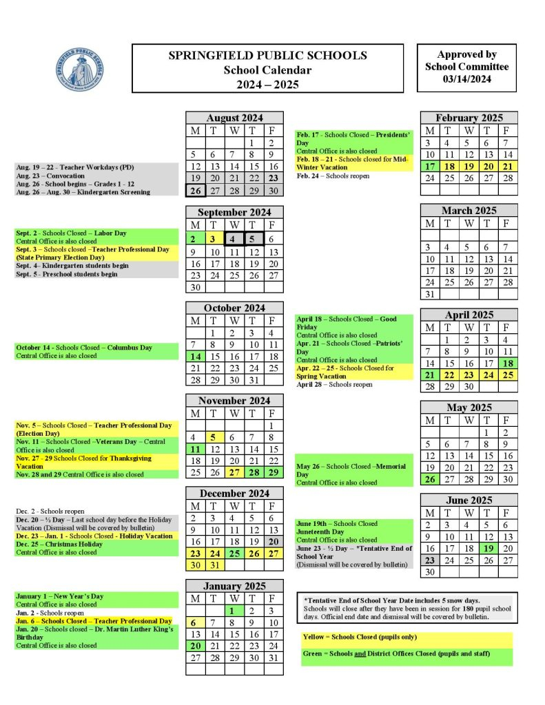 Springfield Public Schools Calendar 2025 2026 Massachusetts