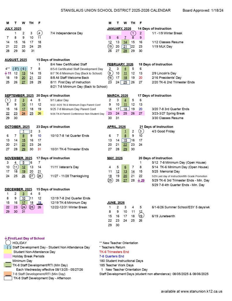 Stanislaus Union School District Calendar 25 26 PDF Revised EduCounty
