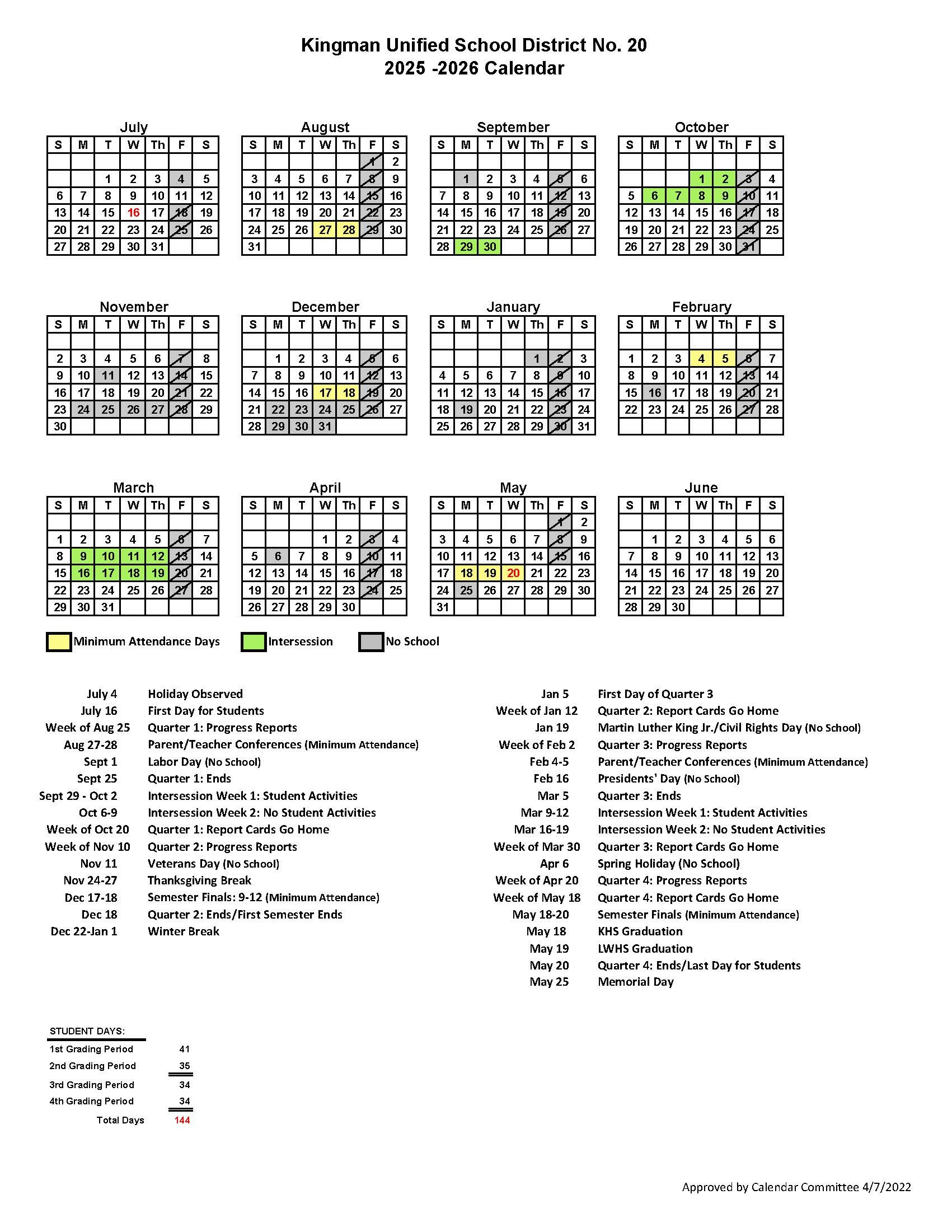 Student Calendar For The 2025 26 School Year Manzanita Elementary School