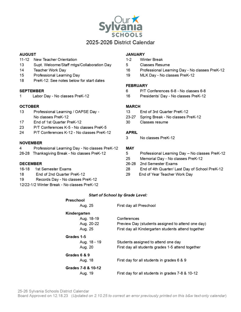 Sylvania Schools Calendar 25 26 Revised pdf EduCounty