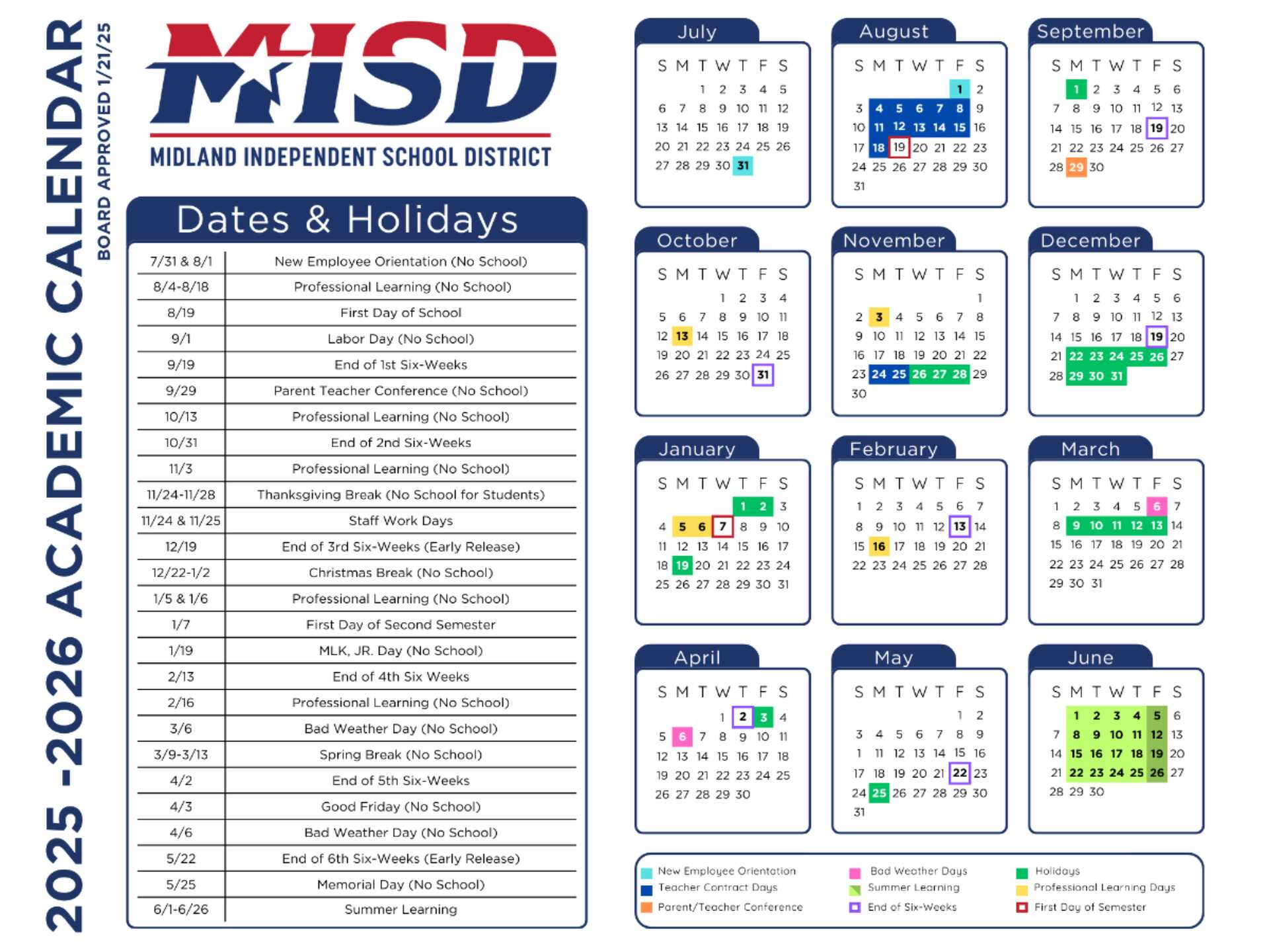 The Midland ISD Board Approves 2025 2026 School Calendar