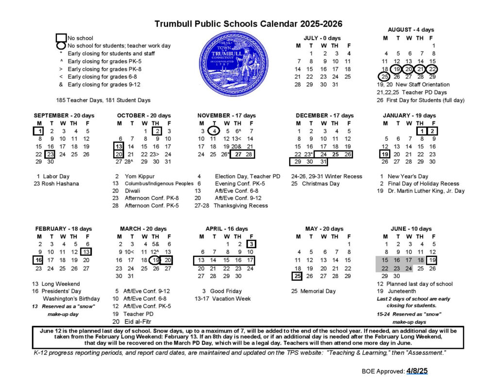 Trumbull Public Schools Calendar 2025 2026 In PDF Download