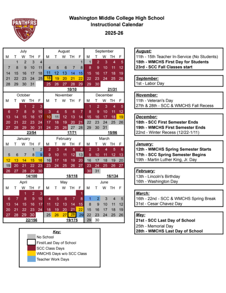 Washington Middle College High School Calendar