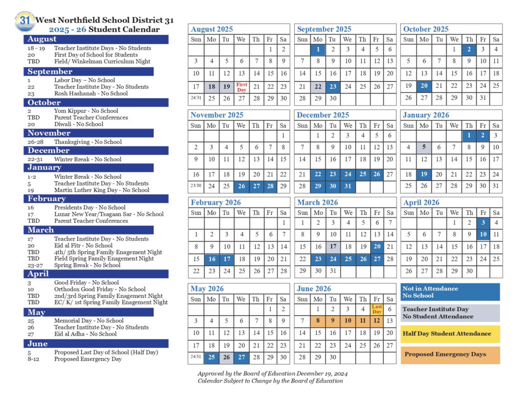 West Northfield School District 31 Calendar 25 26 Revised EduCounty West Northfield School District 31 Calendar 25 26 Revised EduCounty