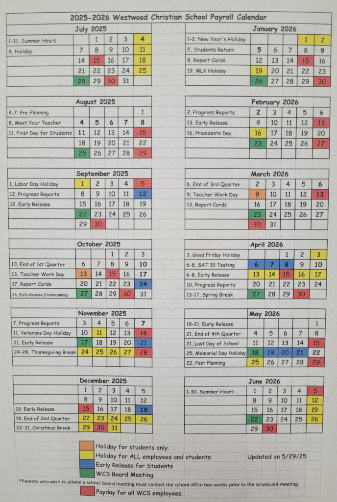 Westwood Christian School CALENDAR