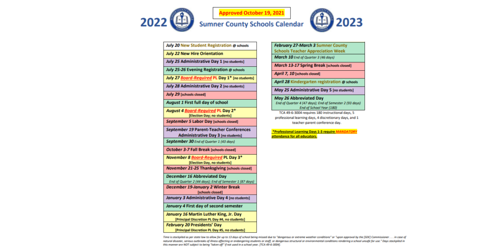 White House Middle School School District Instructional Calendar Sumner County School District 2022 2023