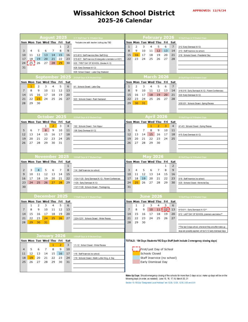 Wissahickon Calendar Printable