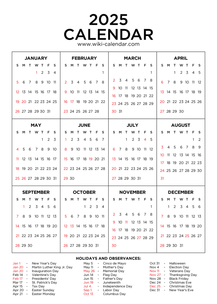 Year 2025 Calendar Printable With Holidays Wiki Calendar