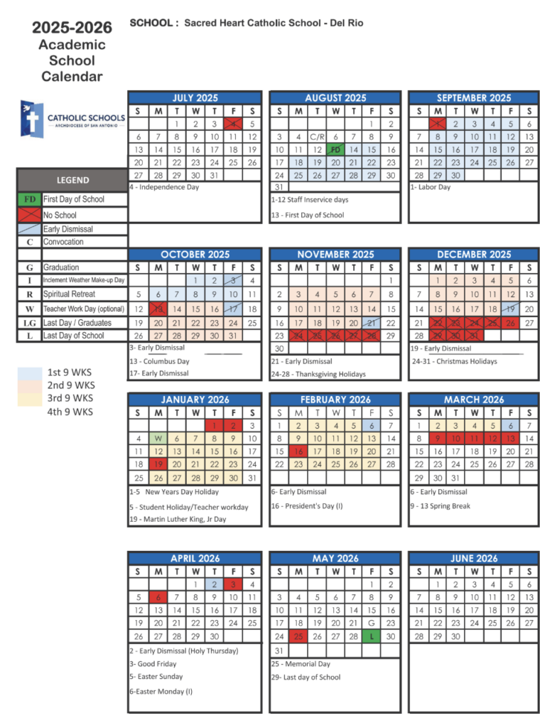 Yearly Calendar Sacred Heart Catholic School