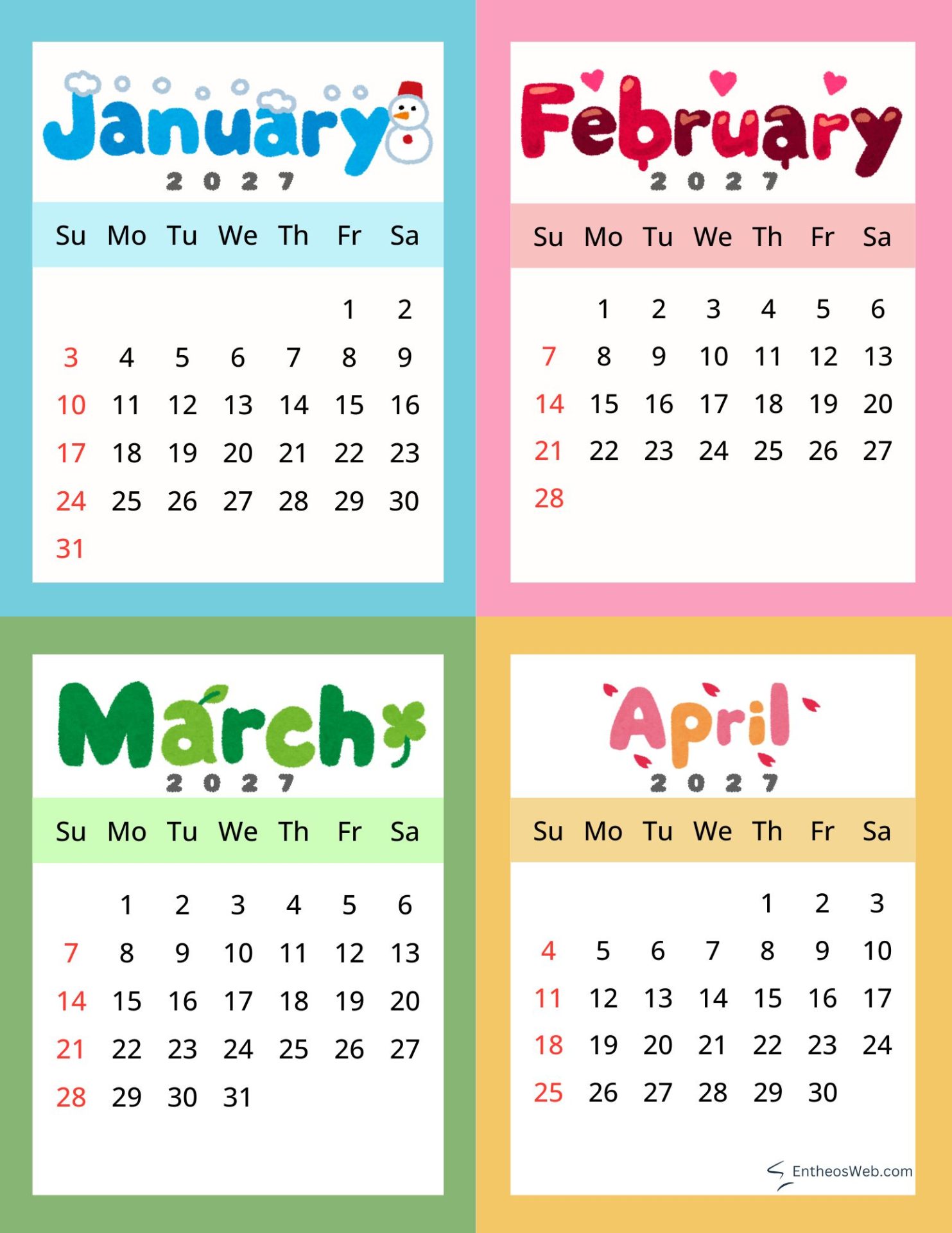 2027 4 Month Calendar Printable