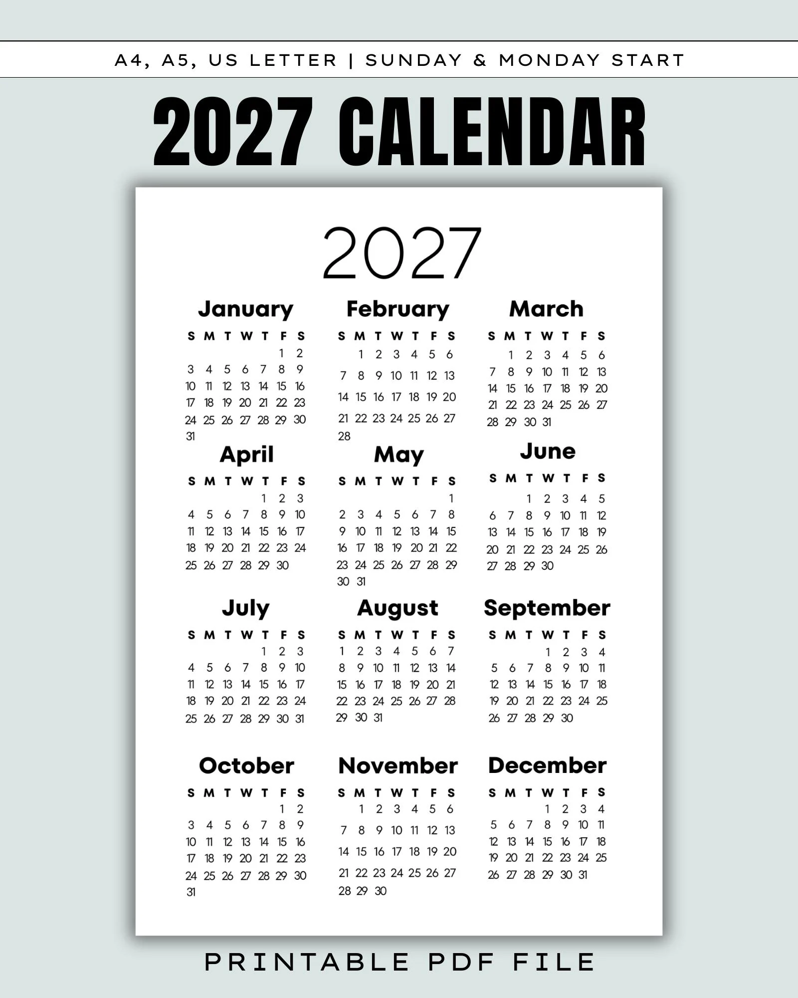 2027 Calendar Printable Year At A Glance