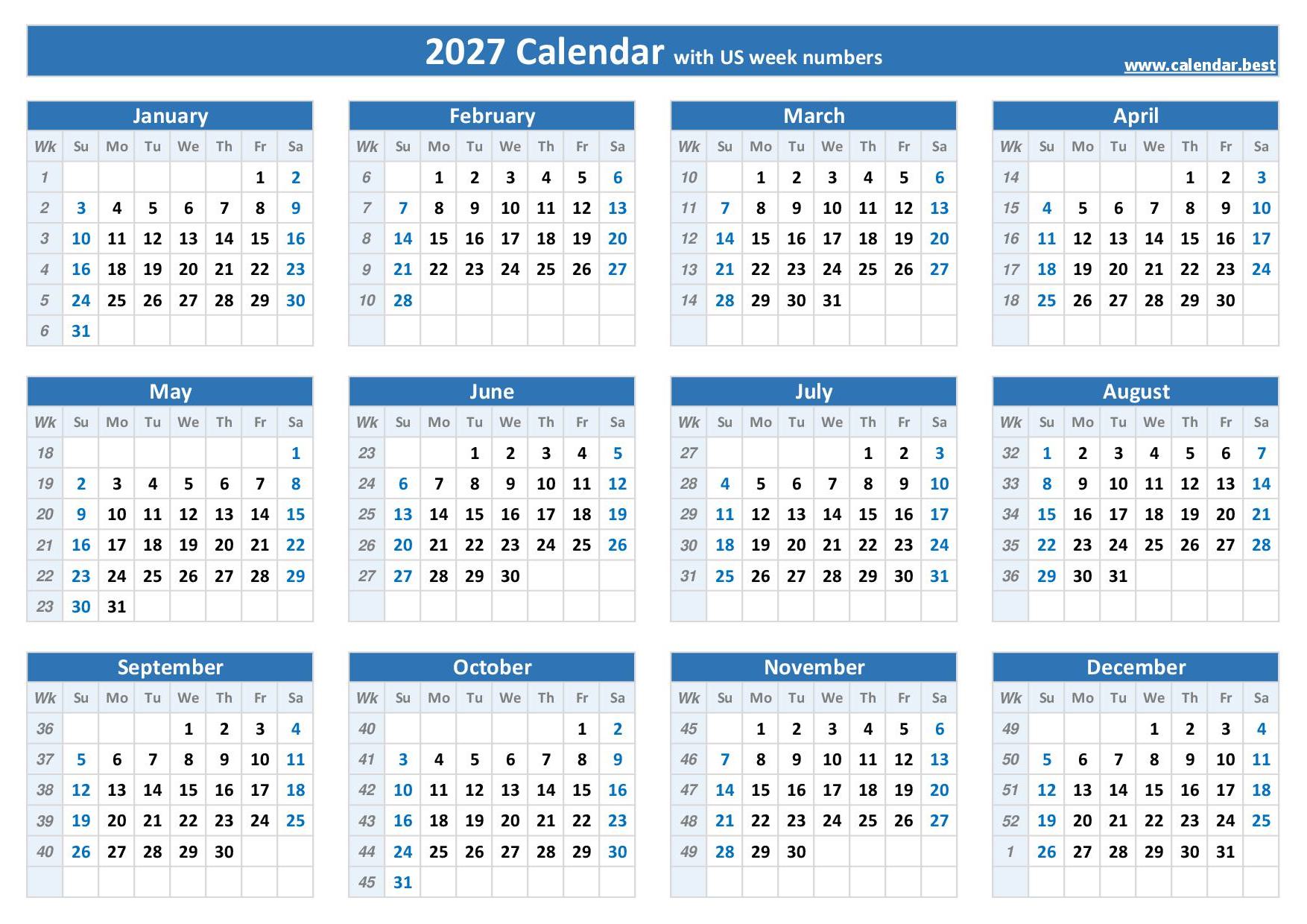 2027 Calendar With Week Numbers