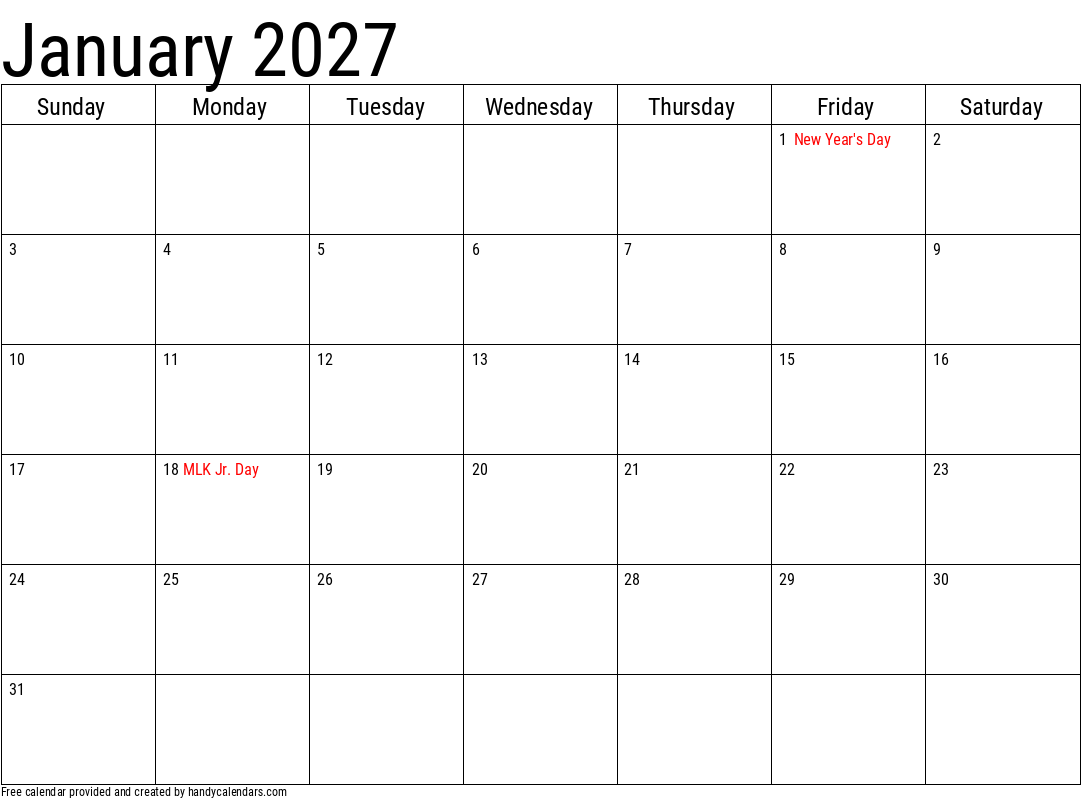 2027 January Calendar With Holidays