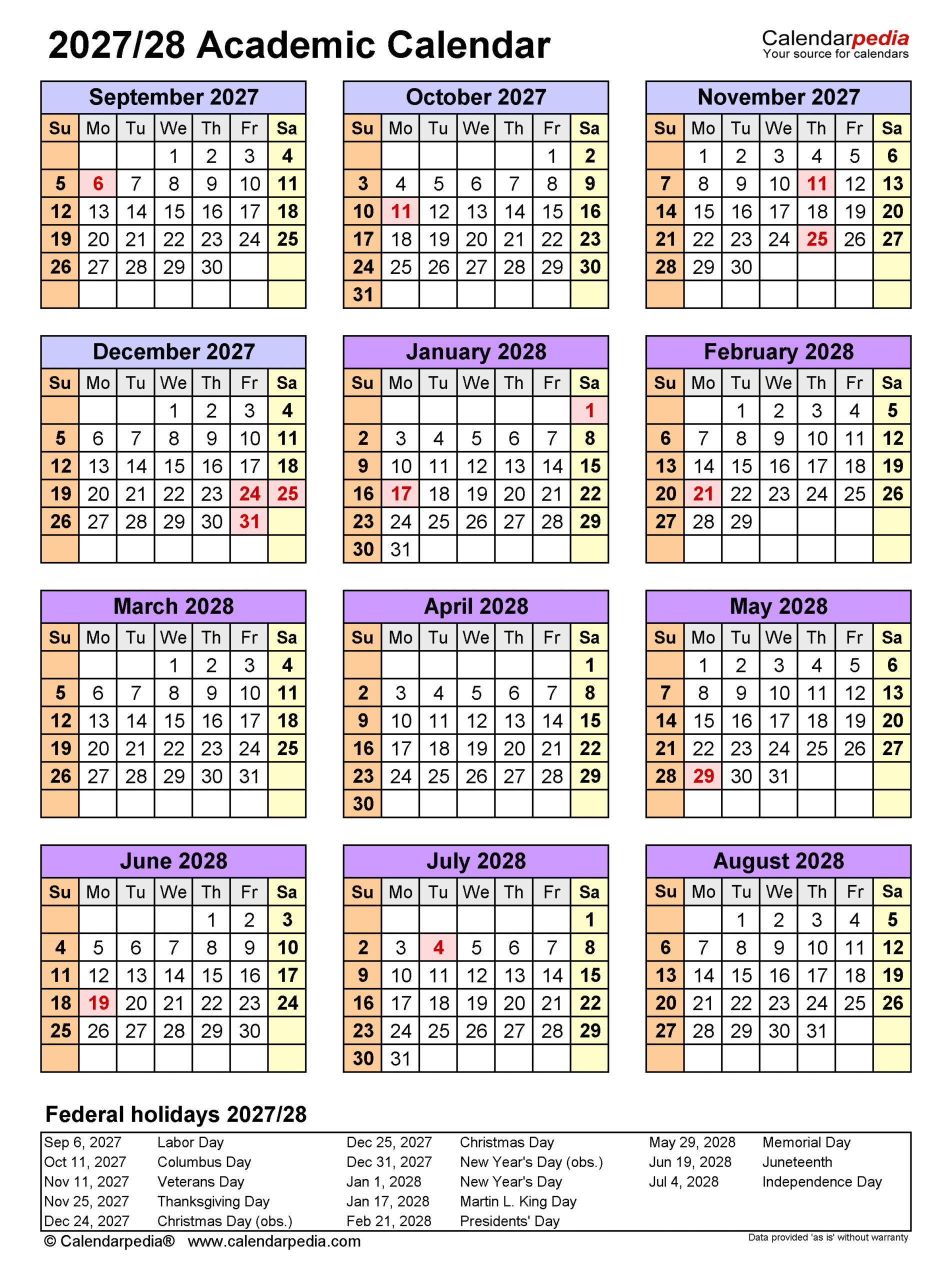 Academic Calendar 2027 2028 Pdf Templates