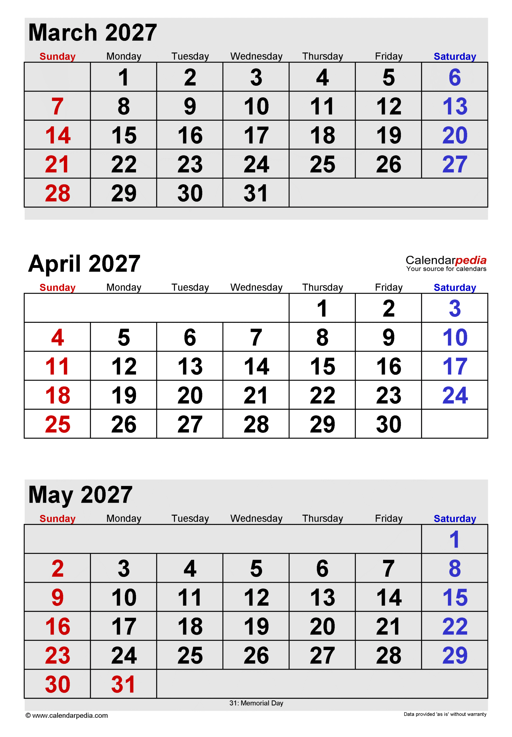 April 2027 Calendar Pdf Templates