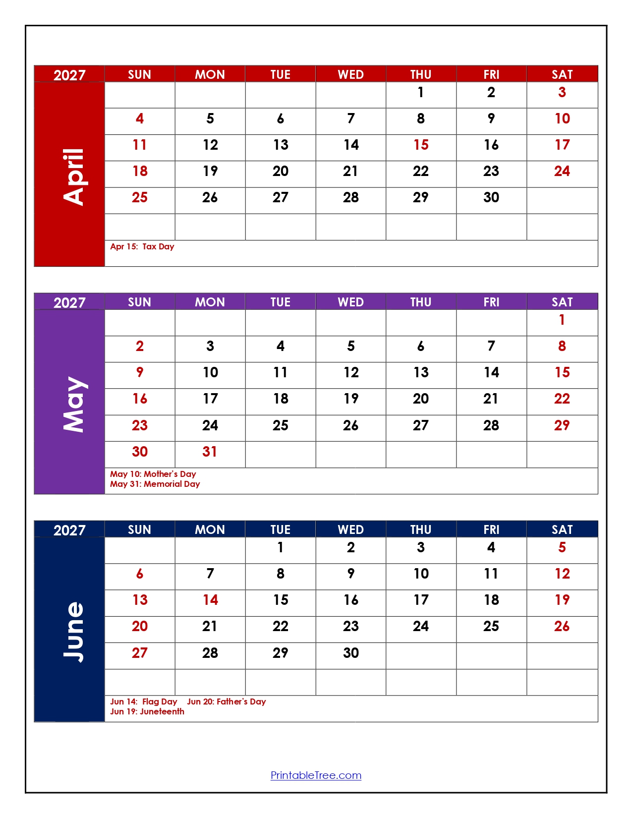 April To June 2027 Calendar Printable