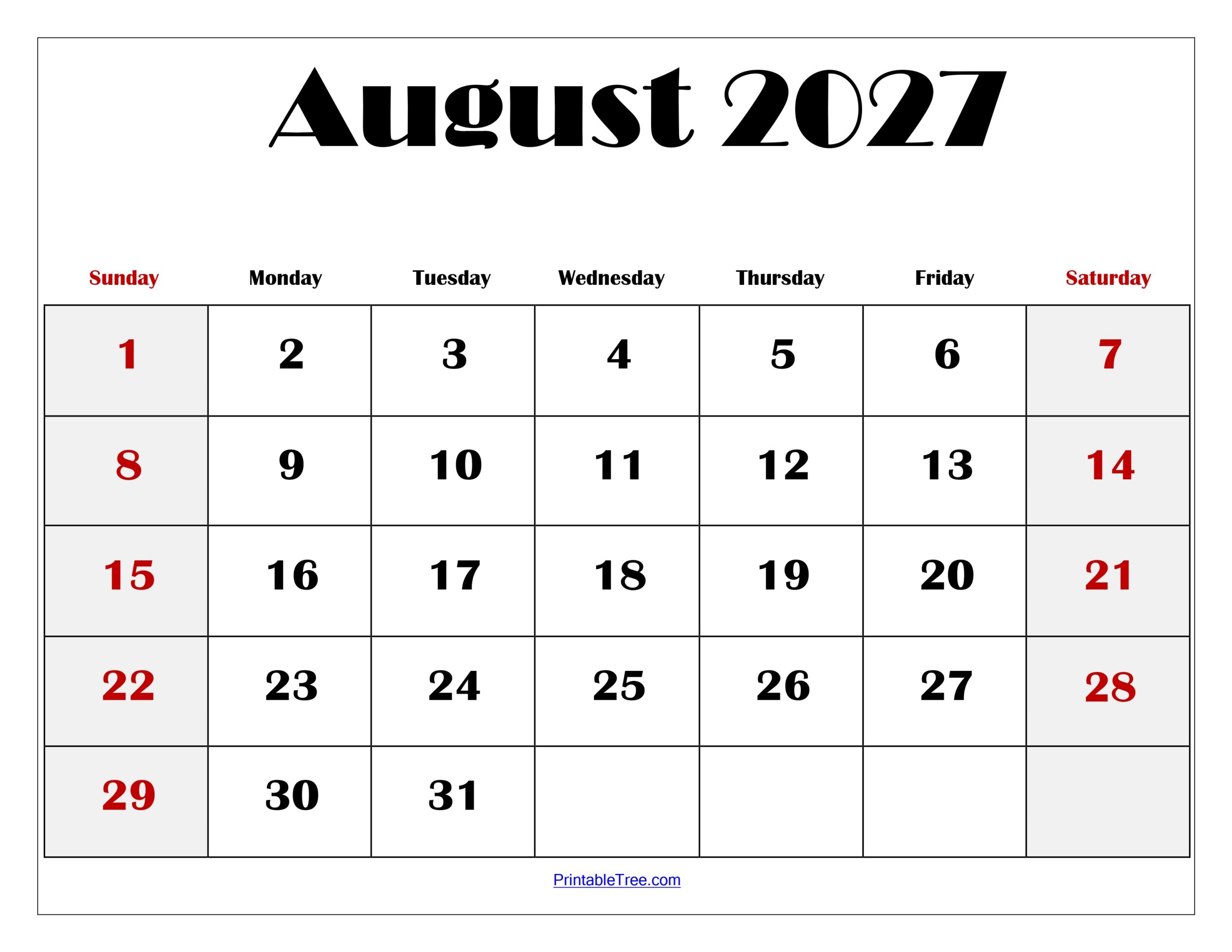 August 2027 Calendar Printable