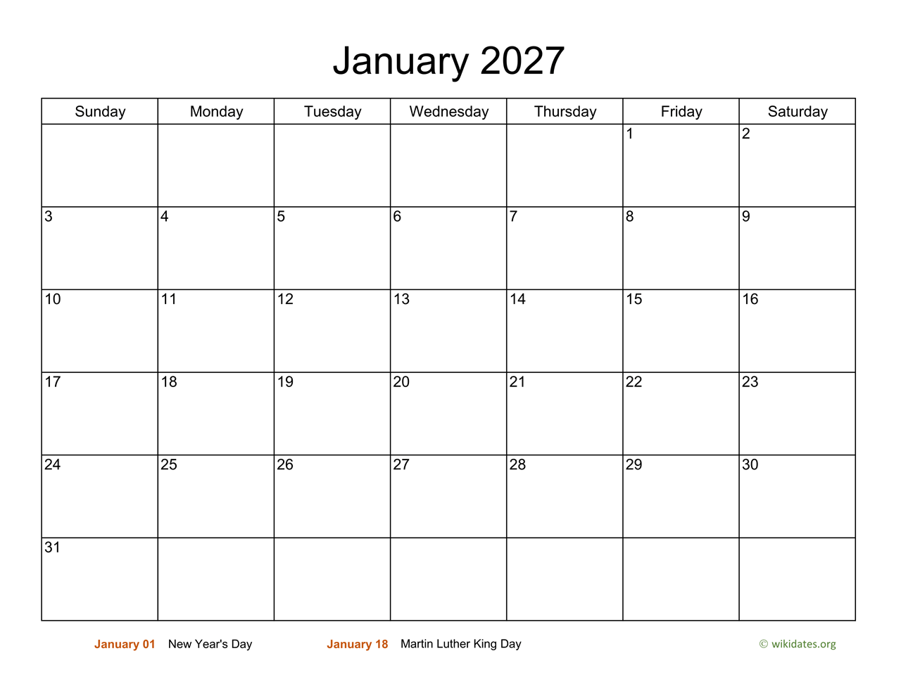Basic Calendar January 2027
