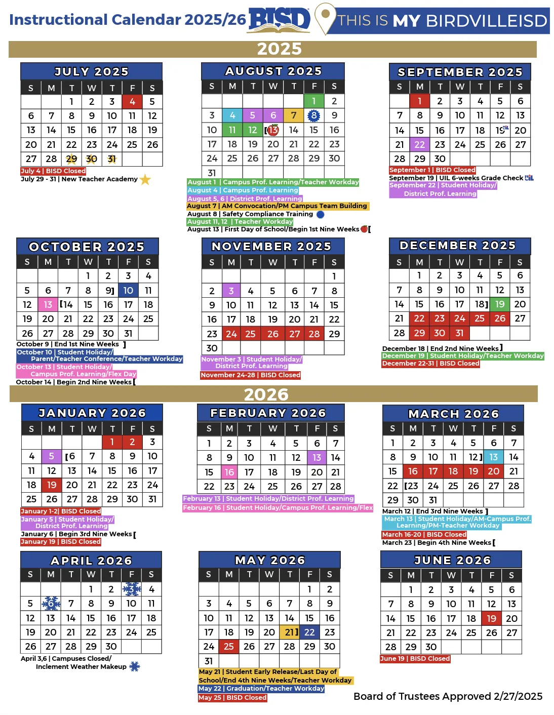 Birdville Isd 2025 2026 Instructional Calendar