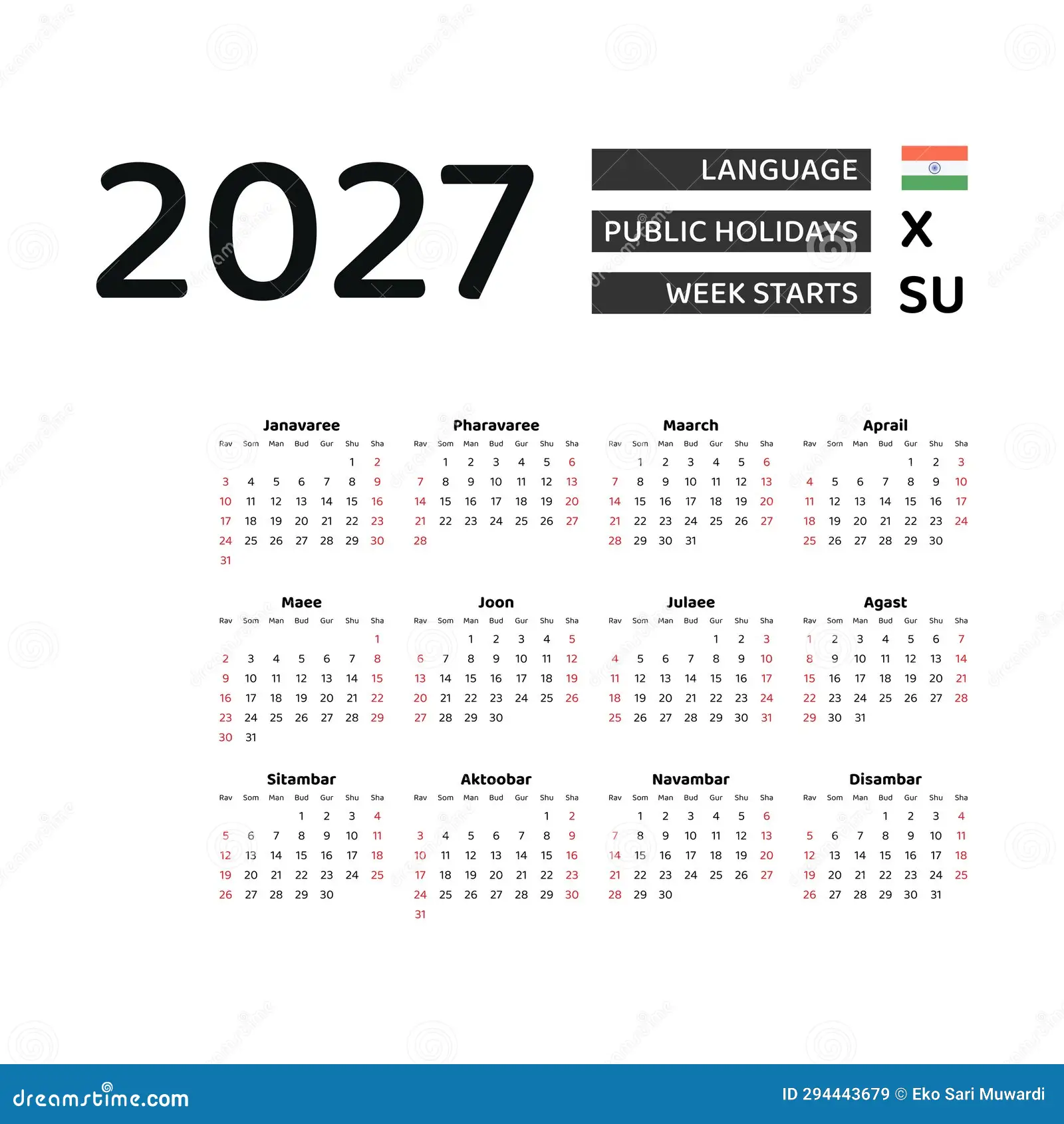 Calendar 2027 Hindi Language India Public Holidays Image294443679