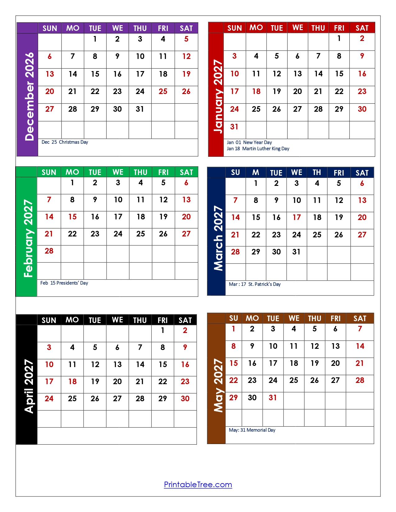 December 2026 To May 2027 Calendar Printable