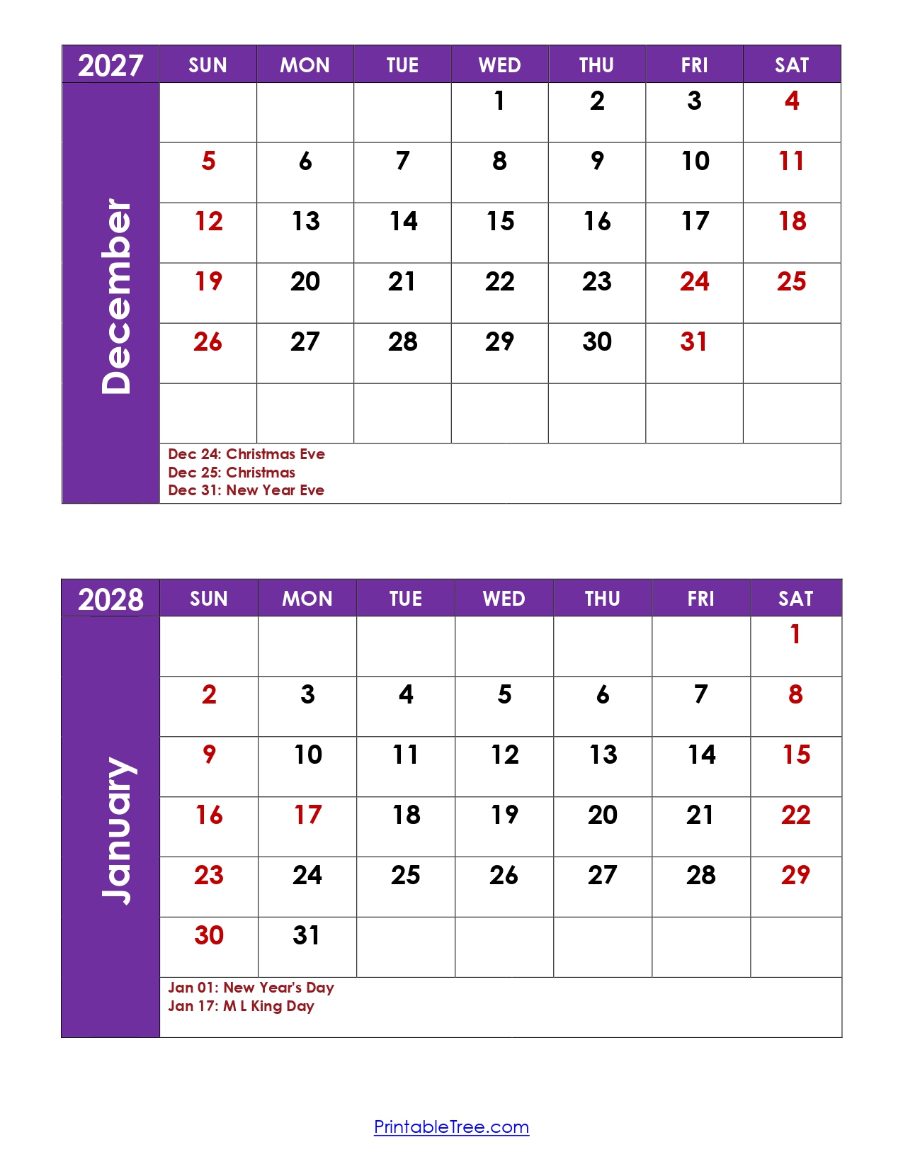 December 2027 And January 2028 Calendar Printable