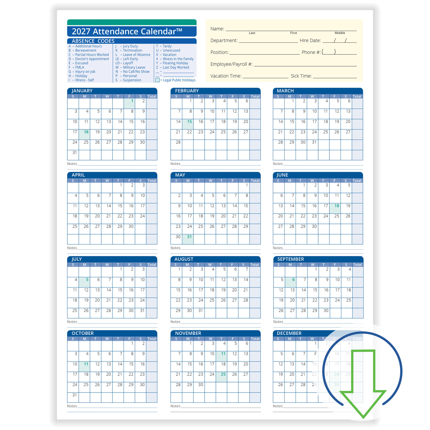 Fill And Save Employee Attendance Calendar