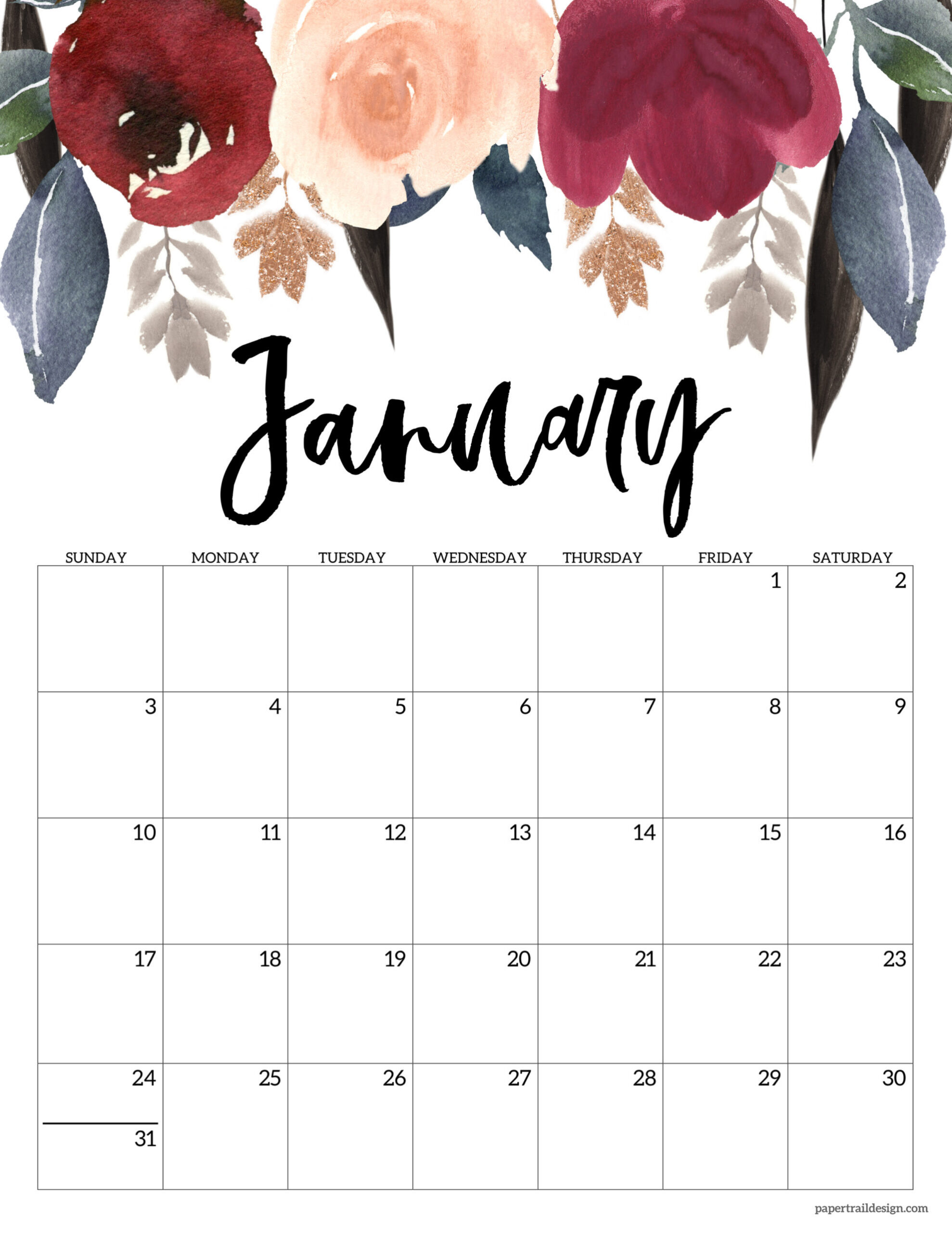Floral Printable Monthly Calendar 2027