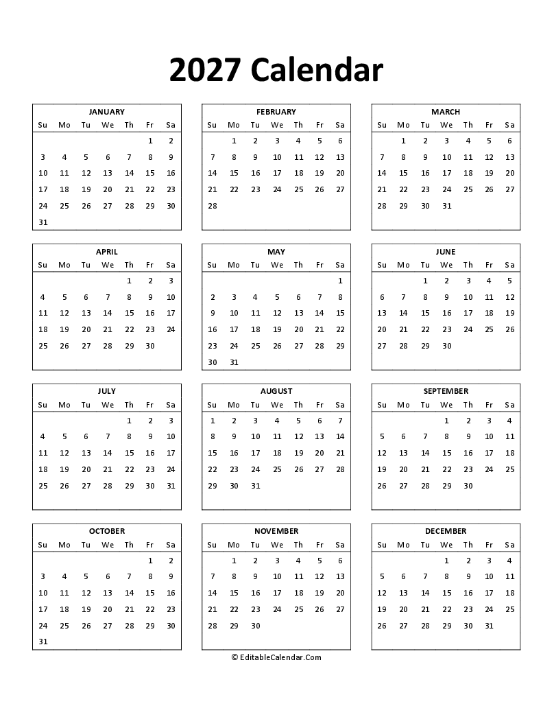 Free Printable 2027 Calendar