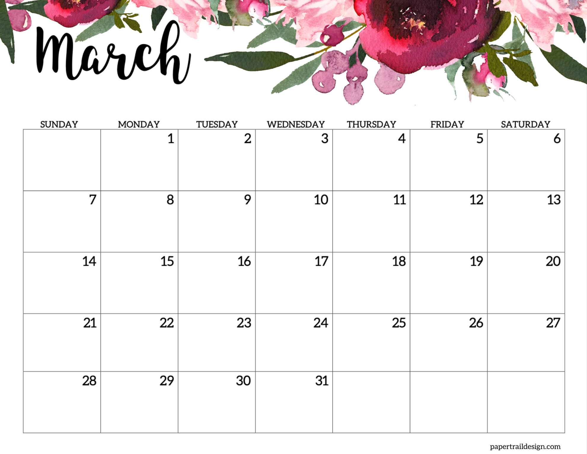 Horizontal Floral Printable Calendar 2027