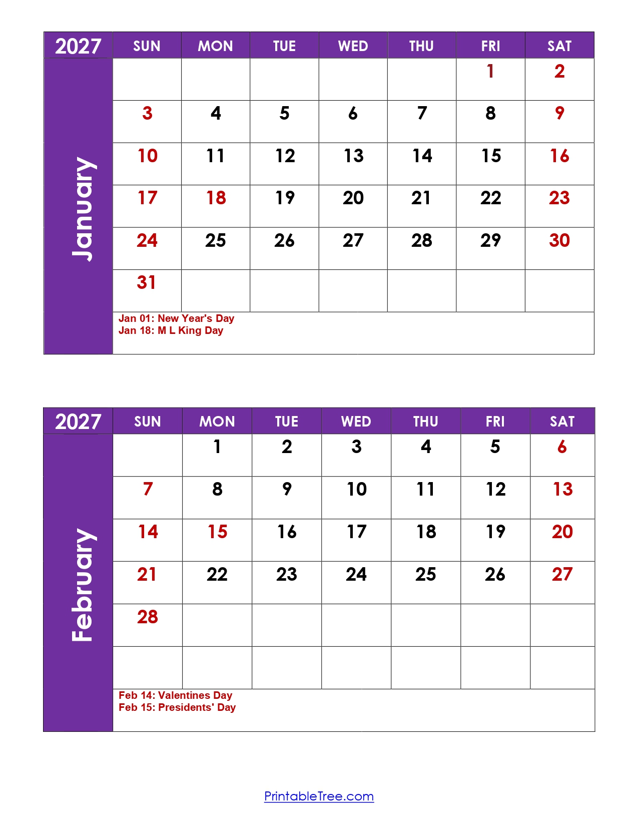 January And February 2027 Calendar