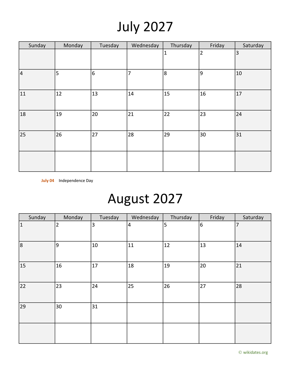 July And August 2027 Calendar