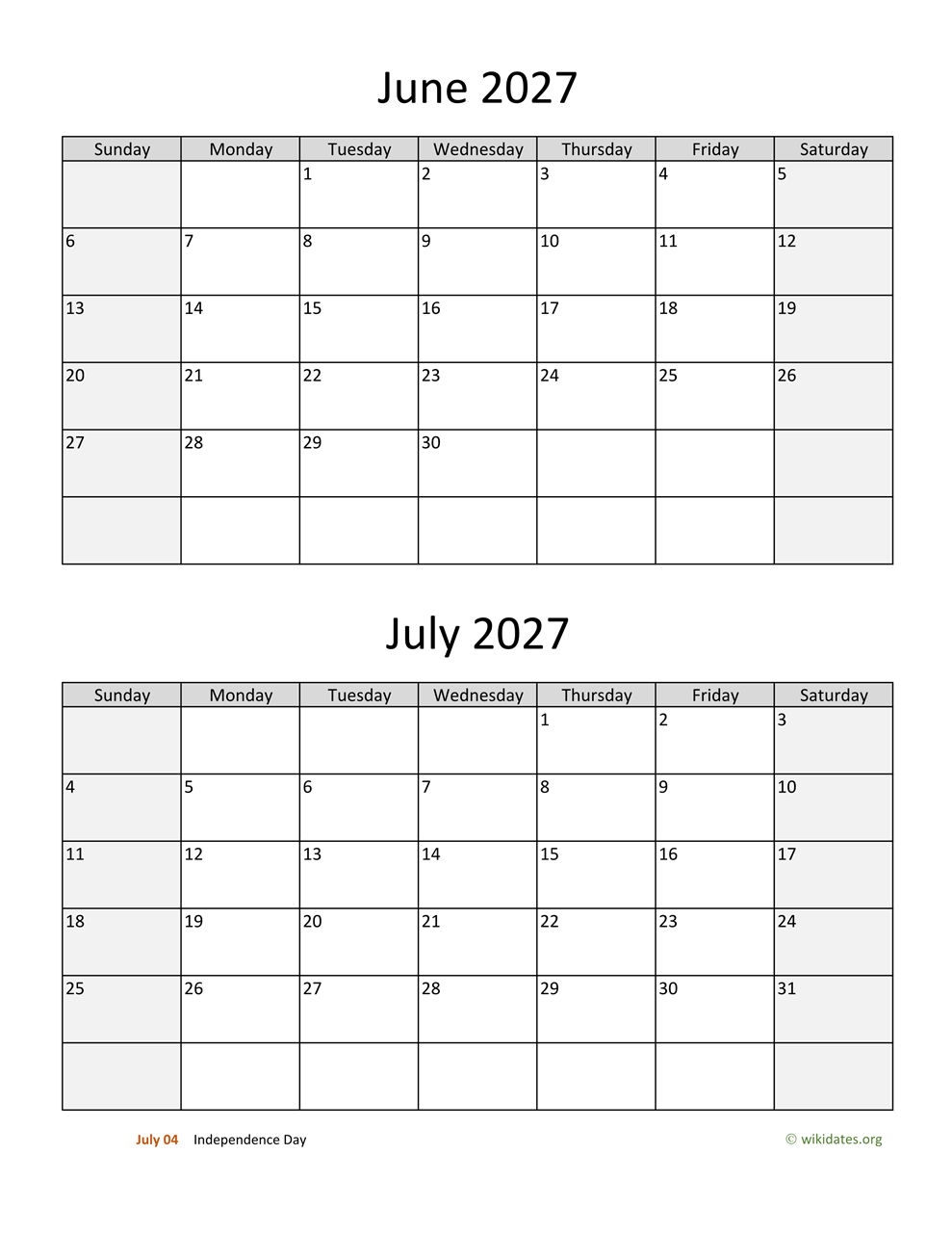 June And July 2027 Calendar
