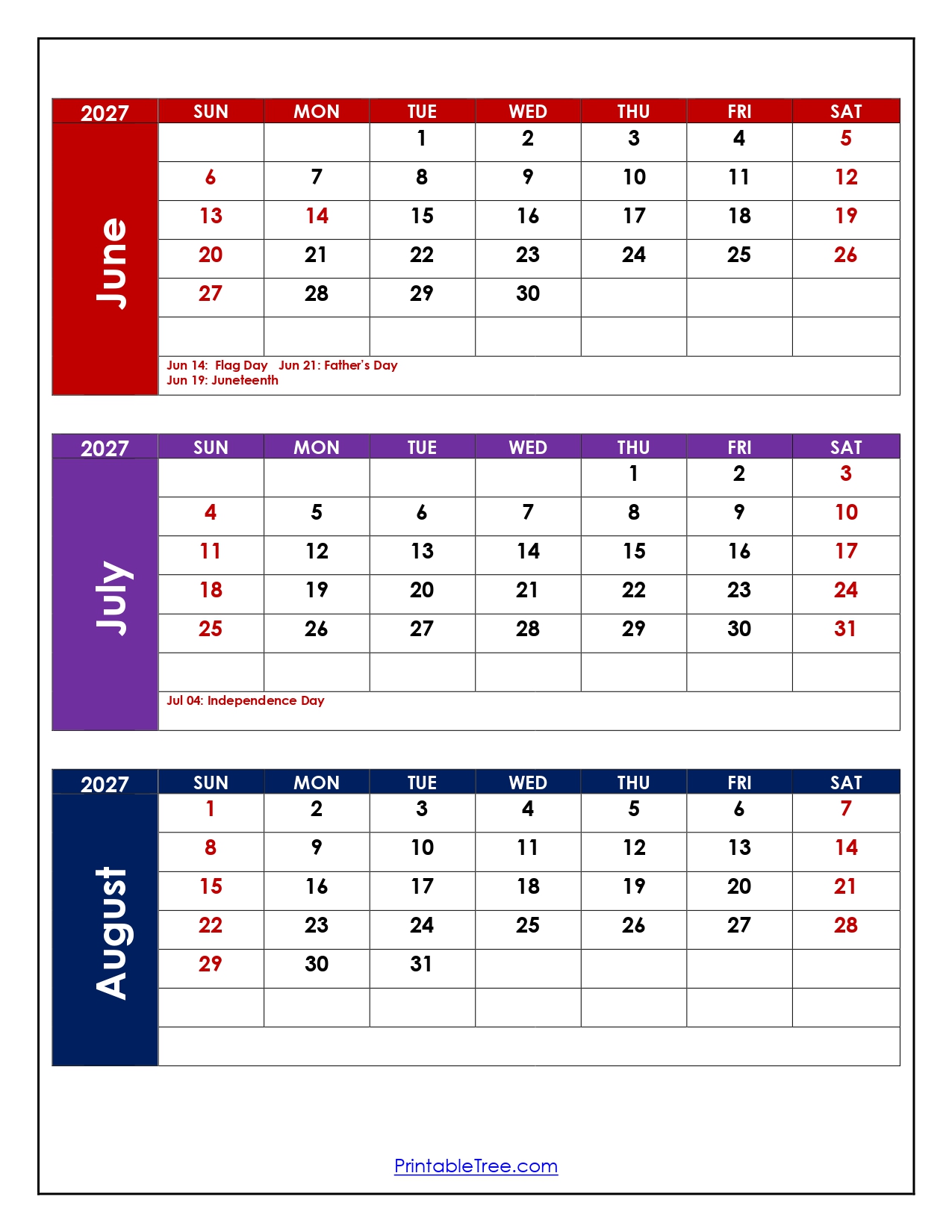 June To August 2027 Calendar Printable